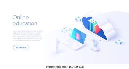 Online education concept vector illustration in isometric design. Internet distant training and courses on learning or educational platform. Website template.