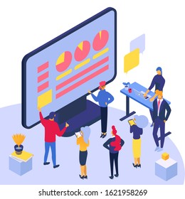 Online education concept vector illustration isometric isolated. Tiny studying people group teacher, learners students in front of huge computer screen with information data.