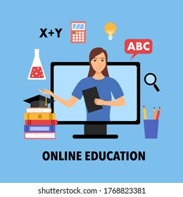 Ilustración vectorial del concepto de educación en línea. Escuela digital. El profesor enseña en el computador vía internet. Diseño para sitio web, banner, afiche.