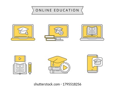 Online education concept vector illustration with colorful design. Linear color style of online education icons collection isolated on white background 