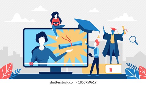 Online education concept vector illustration. Cartoon student graduate characters study at distance, training, graduating online school or virtual course with diploma, educational digital background