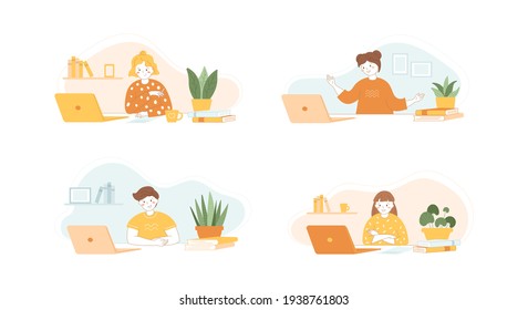 Online education concept vector illustration set. Remote communication using laptop. Girls and boy looking at computer screen. Video calling, chat with tutor, distance learning. Friends meeting