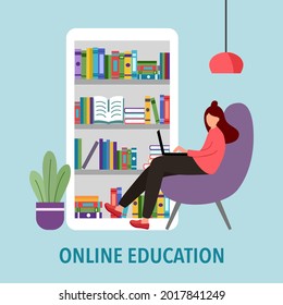 Online education concept vector illustration. Woman studying via laptop computer with books on background.