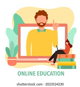 Online education concept vector illustration. Teacher teaching on computer screen. Student studying via internet.