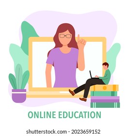 Online education concept vector illustration. Teacher teaching on computer screen. Student studying via internet.