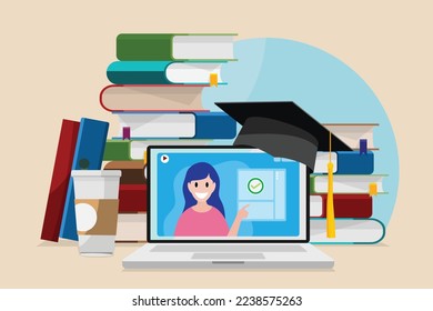 Online education concept, vector illustration. Study, learning online with laptop, tablet, smartphone and headphones from home. Cozy online learing and education with coffee and learning books