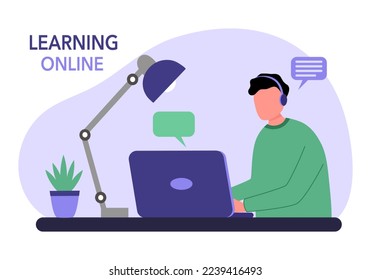 Online education concept vector illustration. Student learning online via laptop computer screen.