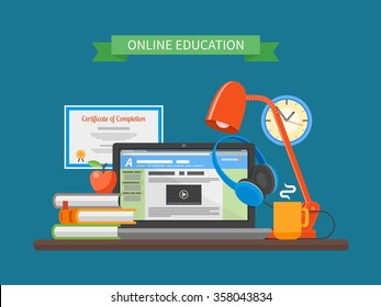 Online education concept. Vector illustration in flat style. Internet training courses design elements. Laptop on a table.