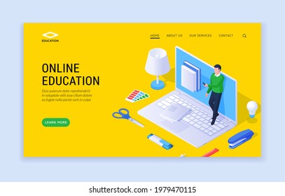 Online education concept. Vector isometric landing page banner design template with male character using laptop while studying remotely and promoting modern online education