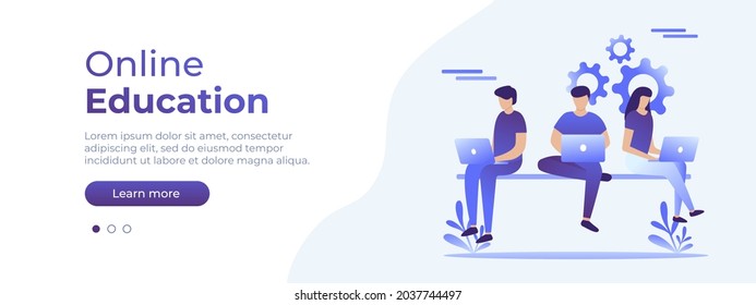 Online education concept. Vector layout for website page. Illustration in flat isometric style with people studying remotely. Front page layout for your design. Flat isometric vector illustration EPS 