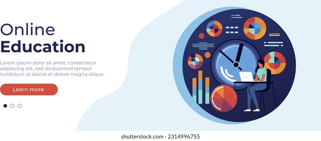 Online education concept. Vector layout for website page. Illustration in flat style with people studying remotely. Students learning online at home. Vector illustration EPS 10