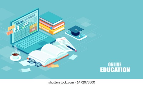 Online education concept. Vector of a student desk with a laptop, book, notepad, studying remotely via internet