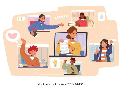 Online Education Concept. Video Conference With School Children. Girls and Boys Classmates Characters Communicate in Digital Virtual Classroom, Share Textbooks. Cartoon People Vector Illustration