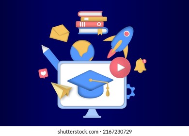 Online education concept. Video lecture and lessons on application learning, educational platform, viewing webinar, video chats, e-learning, digital classroom. 3D vector illustration for modern web.