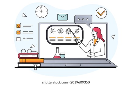 Online Education concept. Video tutorial on biology. Teacher tells information and shows it by example. Remote training. Cartoon doodle flat vector illustration isolated on a white background