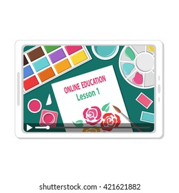 Online education concept. Watercolor painting video lesson. On line art school. Vector flat illustration isolated on a white