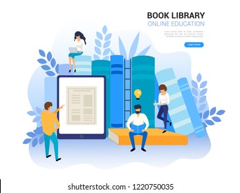 Online education concept. Web archive and  e-learning tutorials for social media. Distance education and internet studying. Online training, digital book library vector illustration