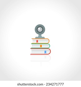 Online education concept with web camera and book icon isolated on white background vector illustration