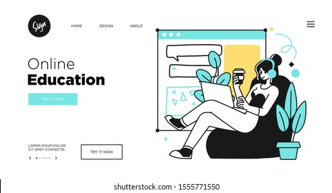 Online Education Concept. Web page templates for Education courses. Outline vector style.