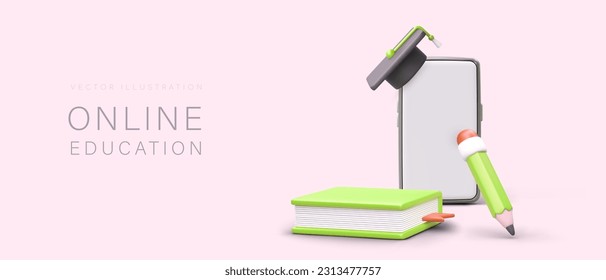 Online education concept. Web poster with realistic 3d smartphone, pencil and book. Idea for online school with pink background. Colorful vector illustration in cartoon style