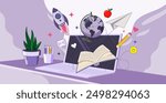 Online Education Concept. Webinar or Online Courses Education Flat Vector Design Template. Good for Distance Learning Courses and University remote.