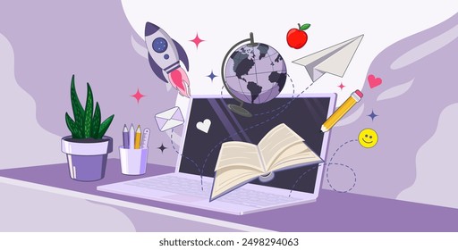 Online Education Concept. Webinar or Online Courses Education Flat Vector Design Template. Good for Distance Learning Courses and University remote.