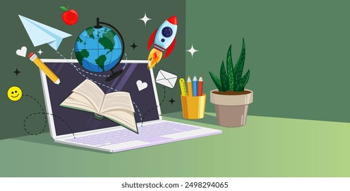 Online Education Concept. Webinar or Online Courses Education Flat Vector Design Template. Good for Distance Learning Courses and University remote.