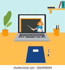 Online education concept, webinar presentation, teacher near the blackboard with a pointer in the laptop on the table with plant, books, pens, pencils