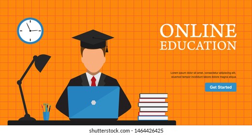 Online Education concept for website and mobile. Banner design template for distance education, online courses, e-learning, training and tutorials. Student study at computer. Vector flat illustration.