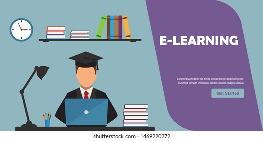 Online Education concept for website and mobile. Banner design template for distance education, online courses, e-learning, training and tutorials. Student study at computer. Vector flat illustration.