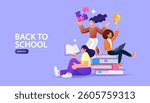 Online education concept.  Welcome back to school. Student happiness learning. Laptop with educational app in the screen. E-learning platform. Distance lessons, video course, internet class. vector