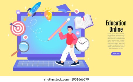 Online education concept. Welcome back to school. E-learning, online education or home schooling. computer with courses or tutorials. Flat Vector illustration.