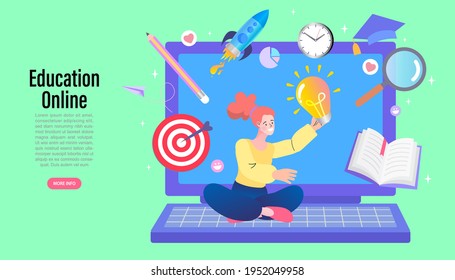 Online education concept. Welcome back to school. E-learning, online education or home schooling. computer with courses or tutorials. Flat Vector illustration.
