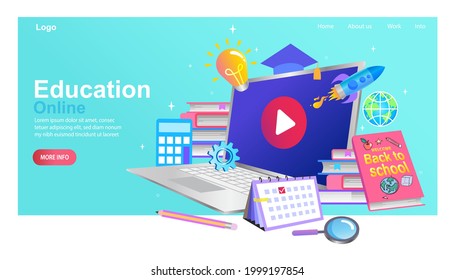 Online education concept. Welcome back to school. E-learning, online education or home schooling. computer with courses or tutorials. Flat Vector illustration.
