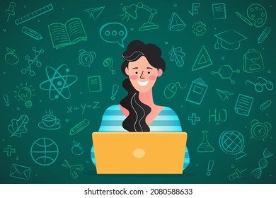 Concepto de educación en línea. Bienvenido de vuelta a la escuela. Patrón de diseño plano con niño. Portátil con aplicación educativa en pantalla. Plataforma de e-learning. Clases a distancia, curso de vídeo, clase de Internet. vector