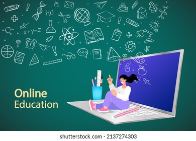 Online education concept. Welcome back to school. Flat design pattern with child. Laptop with educational app in the screen. E-learning platform. Distance lessons, video course, internet class. vector