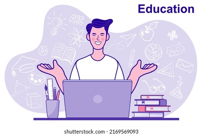 Online Education Concept. Welcome Back To School. Flat Design Pattern With Child. Laptop With Educational App In The Screen. E-learning Platform. Distance Lessons, Video Course, Internet Class. Vector