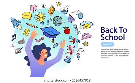 Online education concept. Welcome back to school. Flat design pattern with child. Laptop with educational app in the screen. E-learning platform. Distance lessons, video course, internet class. vector