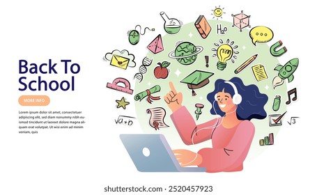 Online education concept. Welcome back to school. Flat design pattern with child. Laptop with educational app in the screen. E-learning platform. Distance lessons, video course, internet class. vector