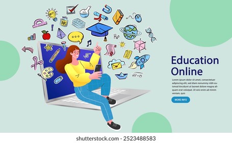 Online education concept. Welcome back to school. Flat design pattern with child. Laptop with educational app in the screen. E-learning platform. Distance lessons, video course, internet class. vector