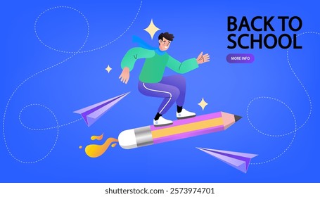 Online education concept. Welcome back to school. Flat design pattern with child. Laptop with educational app in the screen. E-learning platform. Distance lessons, video course, internet class. vector