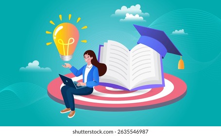 Online education concept. Welcome back to school.  Laptop with educational app in the screen. E-learning platform. Distance lessons, video course, internet class. graduation for success educate vector