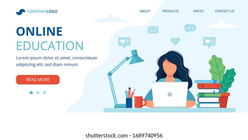 Online education concept with a woman, computer, lamp, and books. Landing page template, vector illustration in flat style.