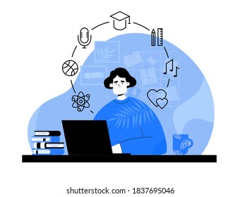 Online Education Concept. Woman With Computer Studying in Flat Style. The girl is listening to a podcast on the computer. Linear Icons. Vector stock illustration.
