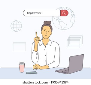 Online education concept. Woman connecting with her computer at home and following online courses, distance learning. 