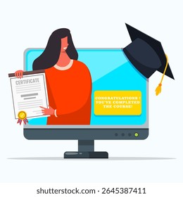 Online education concept. A woman holding certificate of online course.