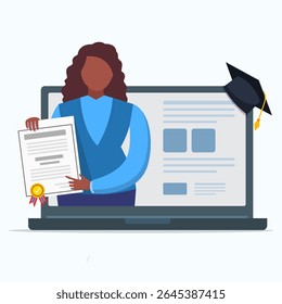 Online education concept. A woman holding certificate of online course.