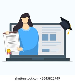 Online education concept. A woman holding certificate of online course.