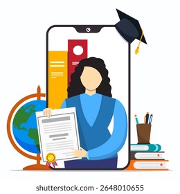 Online education concept. A woman holding certificate of online course.