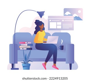 Online education concept. Woman with laptop sits on sofa in apartment, does homework and prepares for test or examination, training. Poster or banner for website. Cartoon flat vector illustration